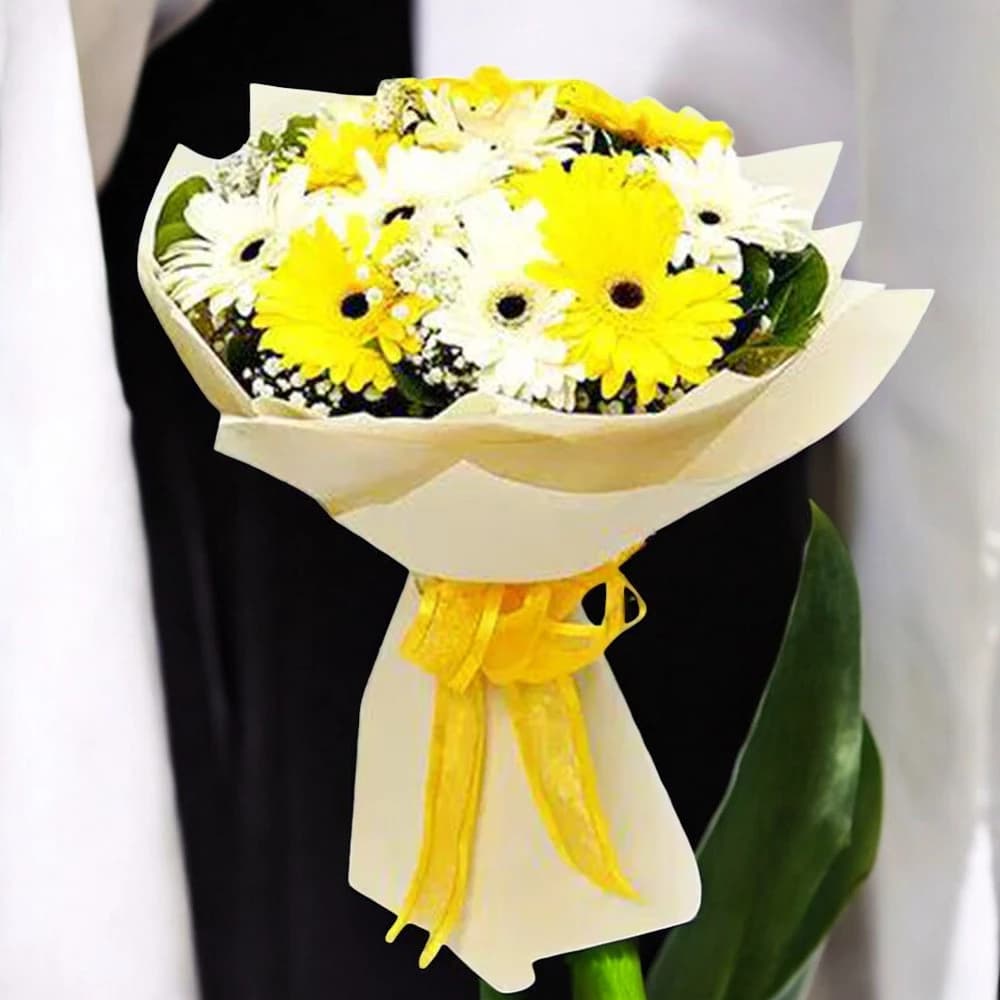 Mix Gerbera Flowers Bouquet In White Wrapping