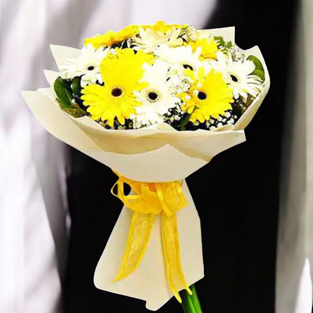 Mix Gerbera Flowers Bouquet In White Wrapping view 1