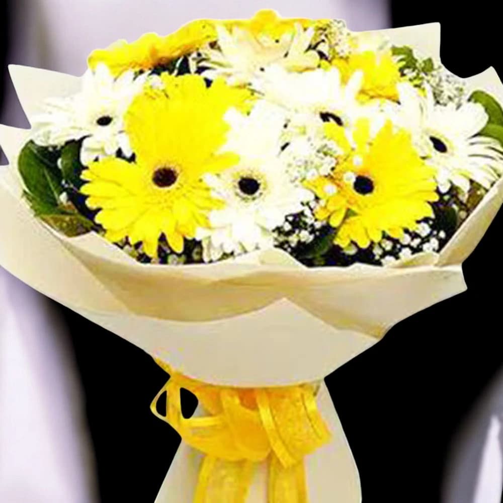 Mix Gerbera Flowers Bouquet In White Wrapping view 2