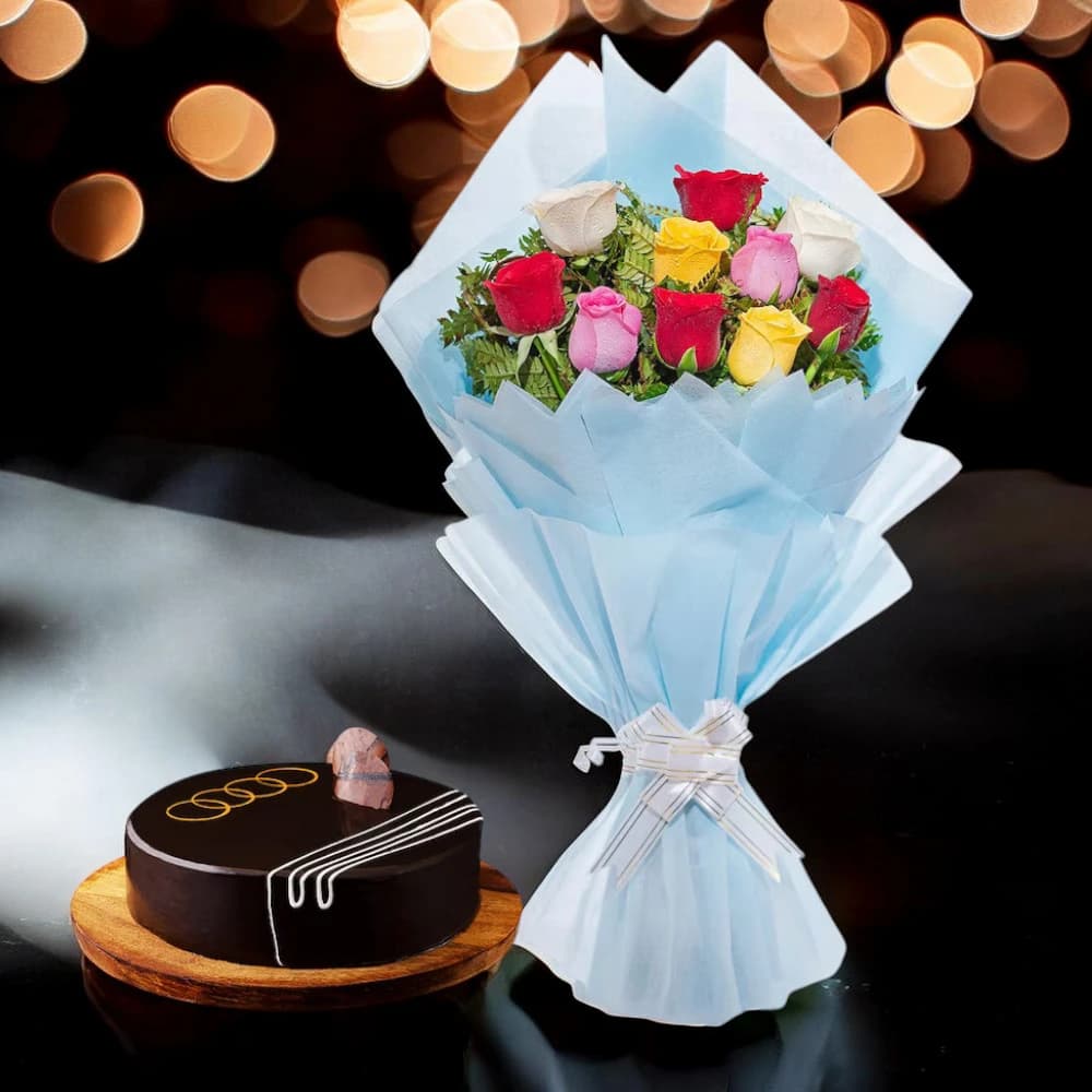 Colorful Roses Bouquet And Chocolate Cake Combo