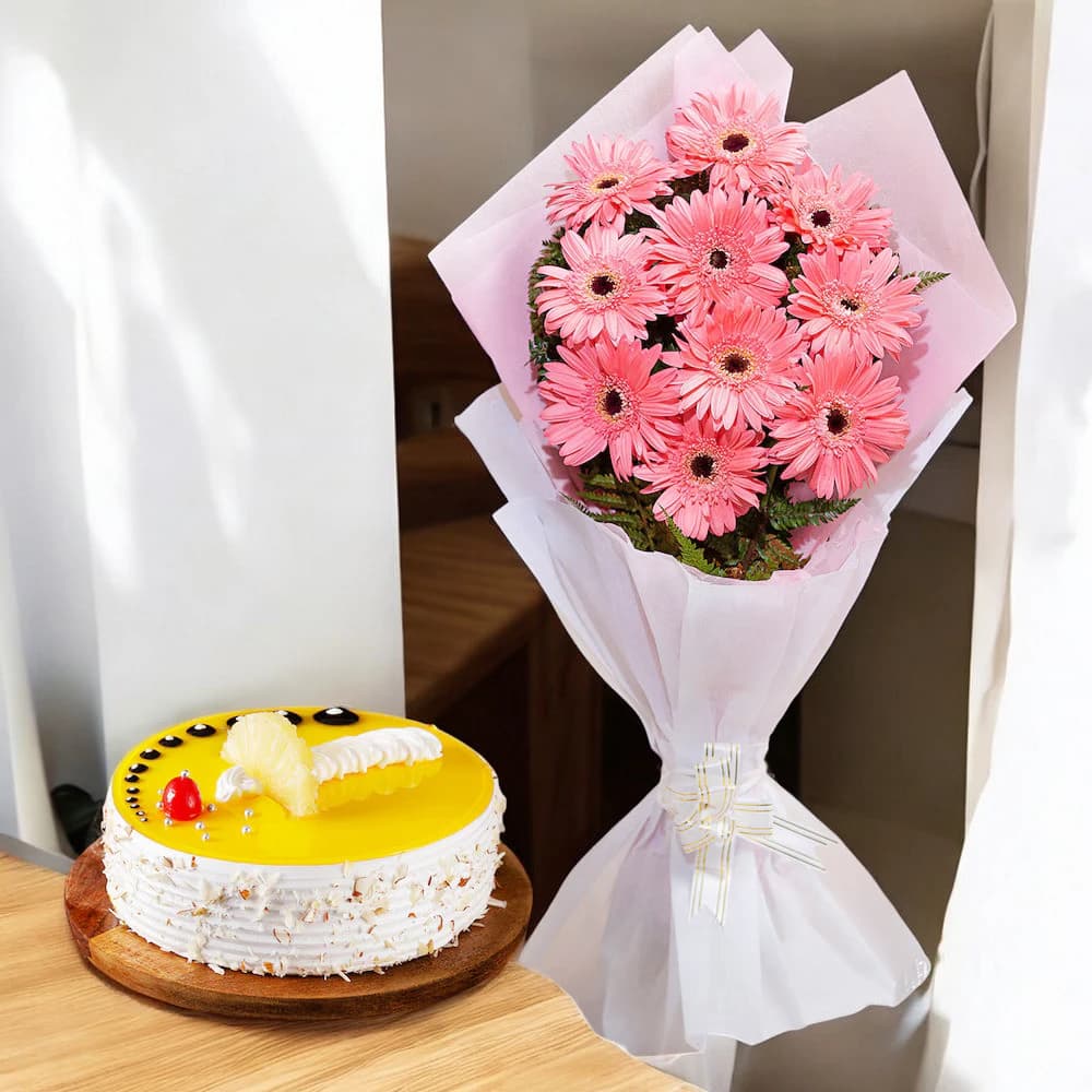 Full Of Smile Gerberas Bouquet And Pineapple Cake Combo