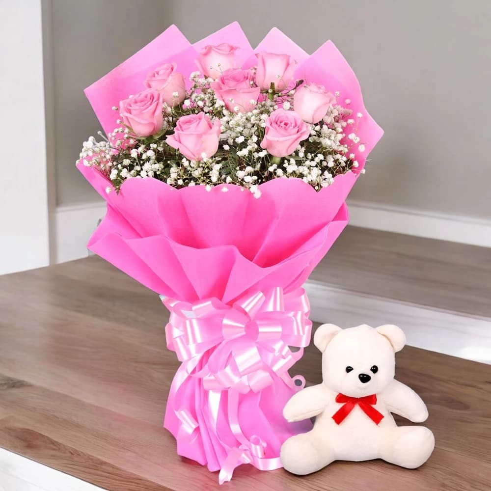 Pink Roses Bouquet with Teddy Bear