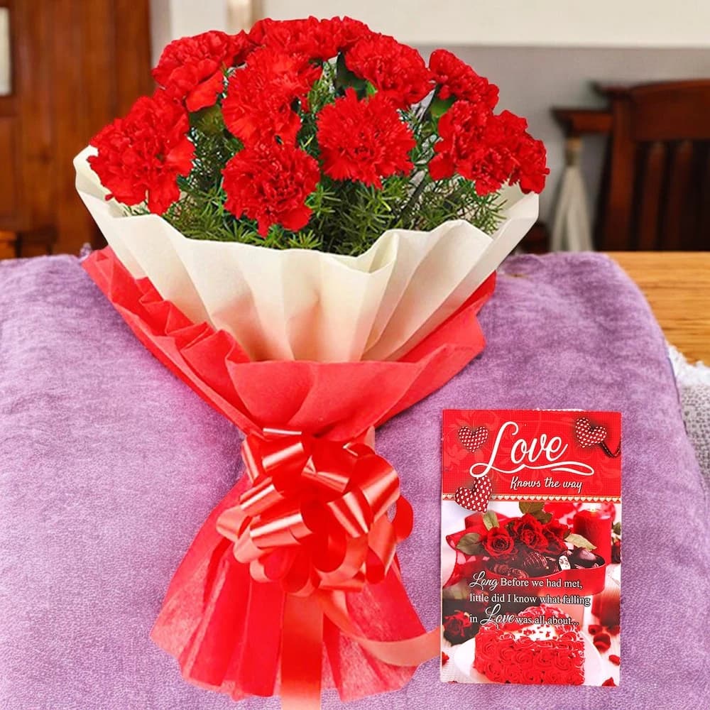 Lovely Red Carnations Bouquet with Greeting card