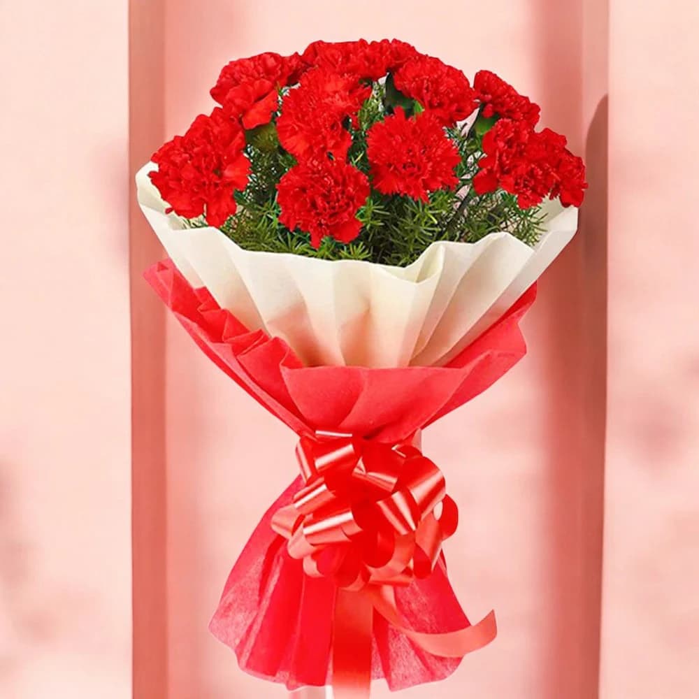 Lovely Red Carnations Bouquet with Greeting card view 1