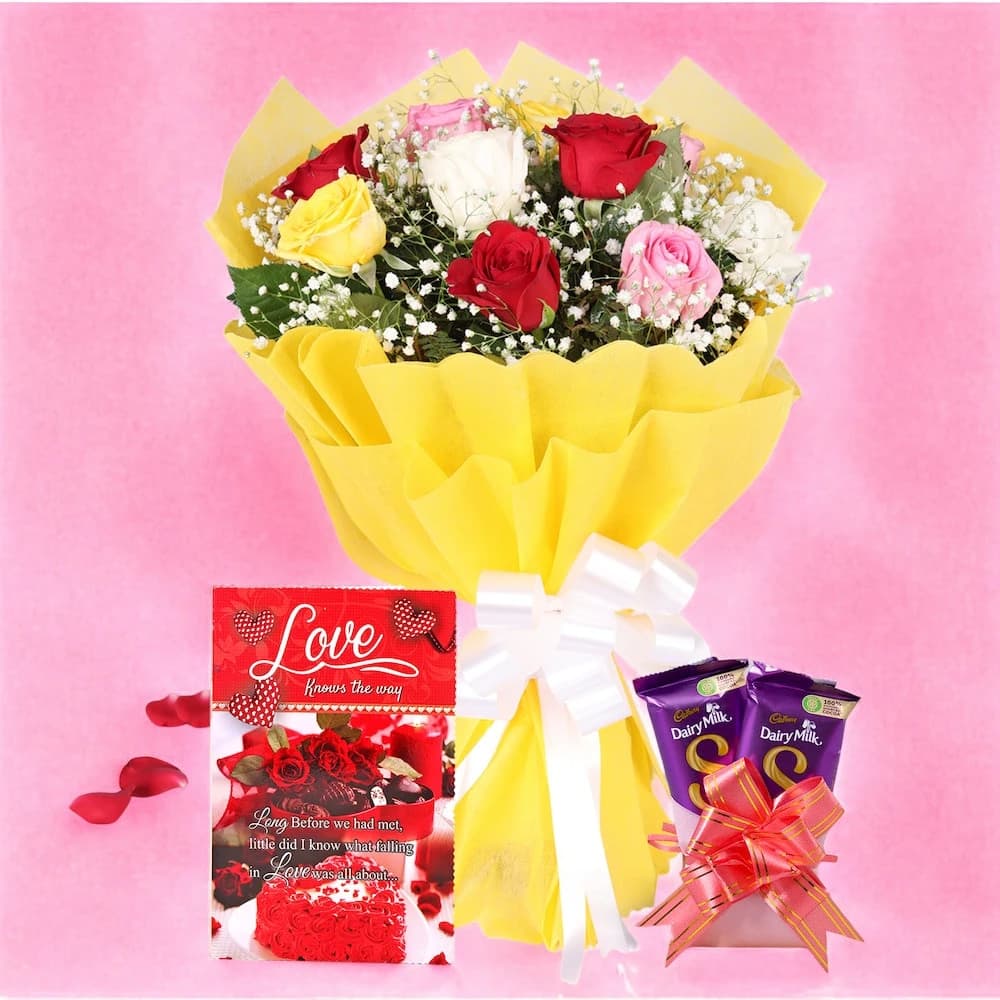 Mixed Roses with Chocolate and Greeting Card