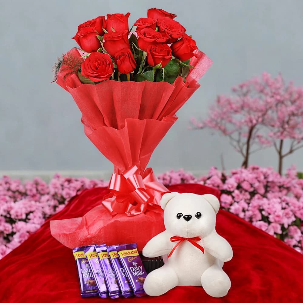 Red Roses with Teddy and Chocolate