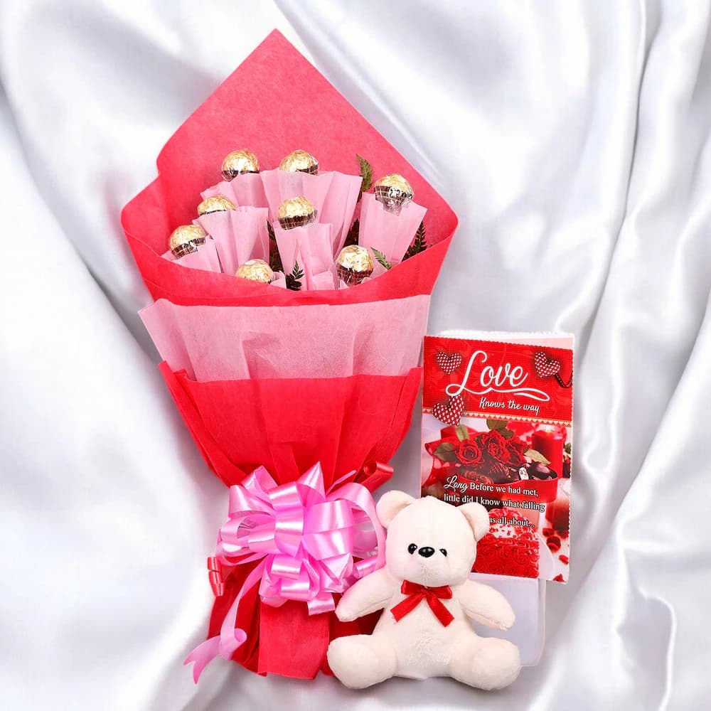 Splendid Ferrero Bouquet with Teddy and Greeting Card