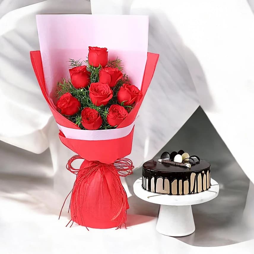 8 Red Roses with Choco Cream Cake Combo