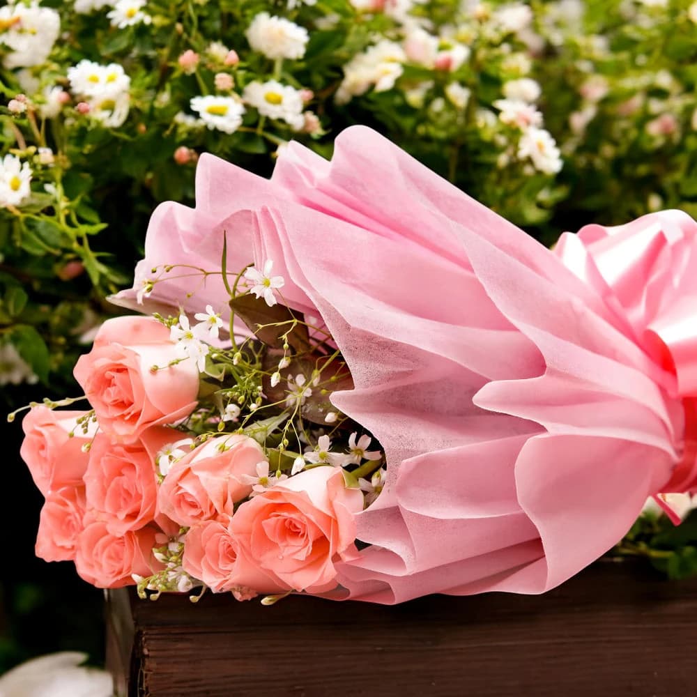 8 Pink Roses And Chocolate Cake Combo