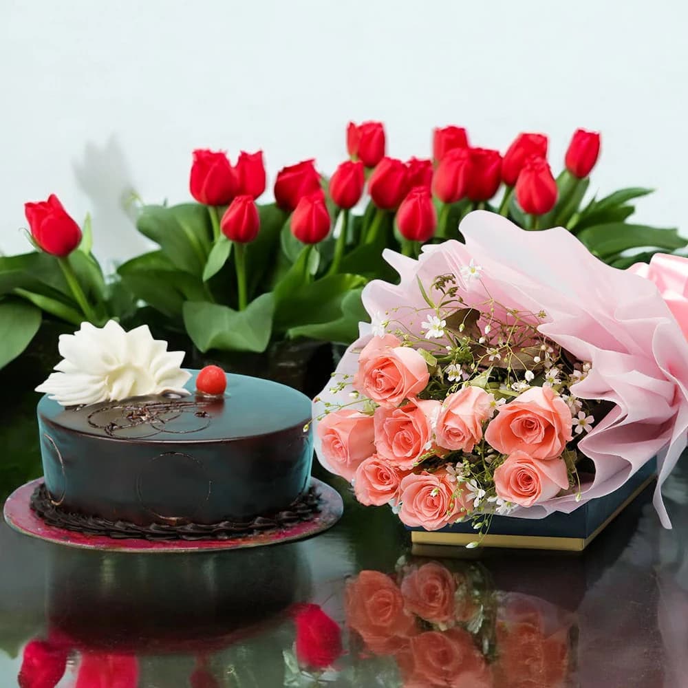 8 Pink Roses And Chocolate Cake Combo view 1