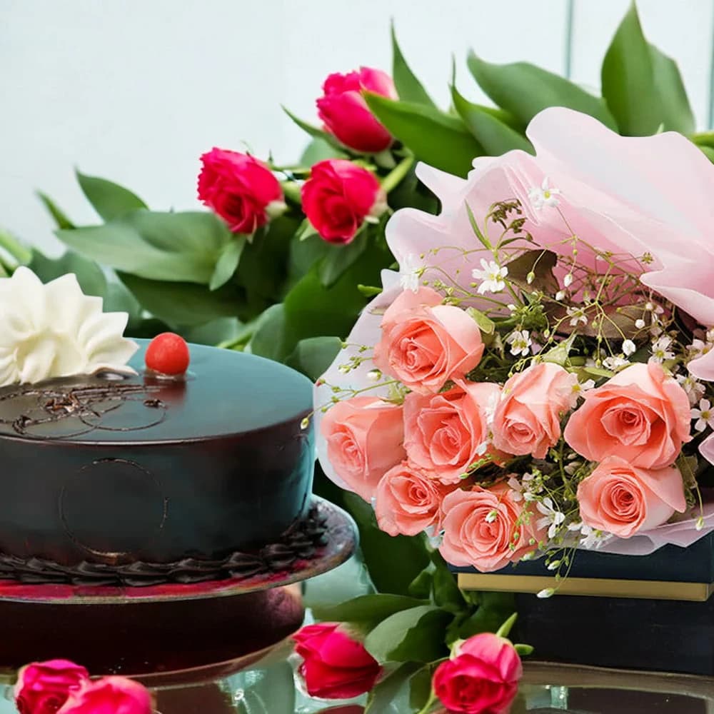8 Pink Roses And Chocolate Cake Combo view 2
