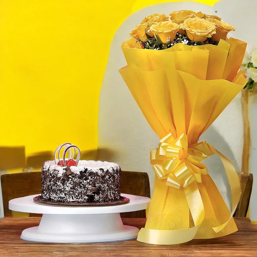 Black Forest Cake with Yellow Roses view 1