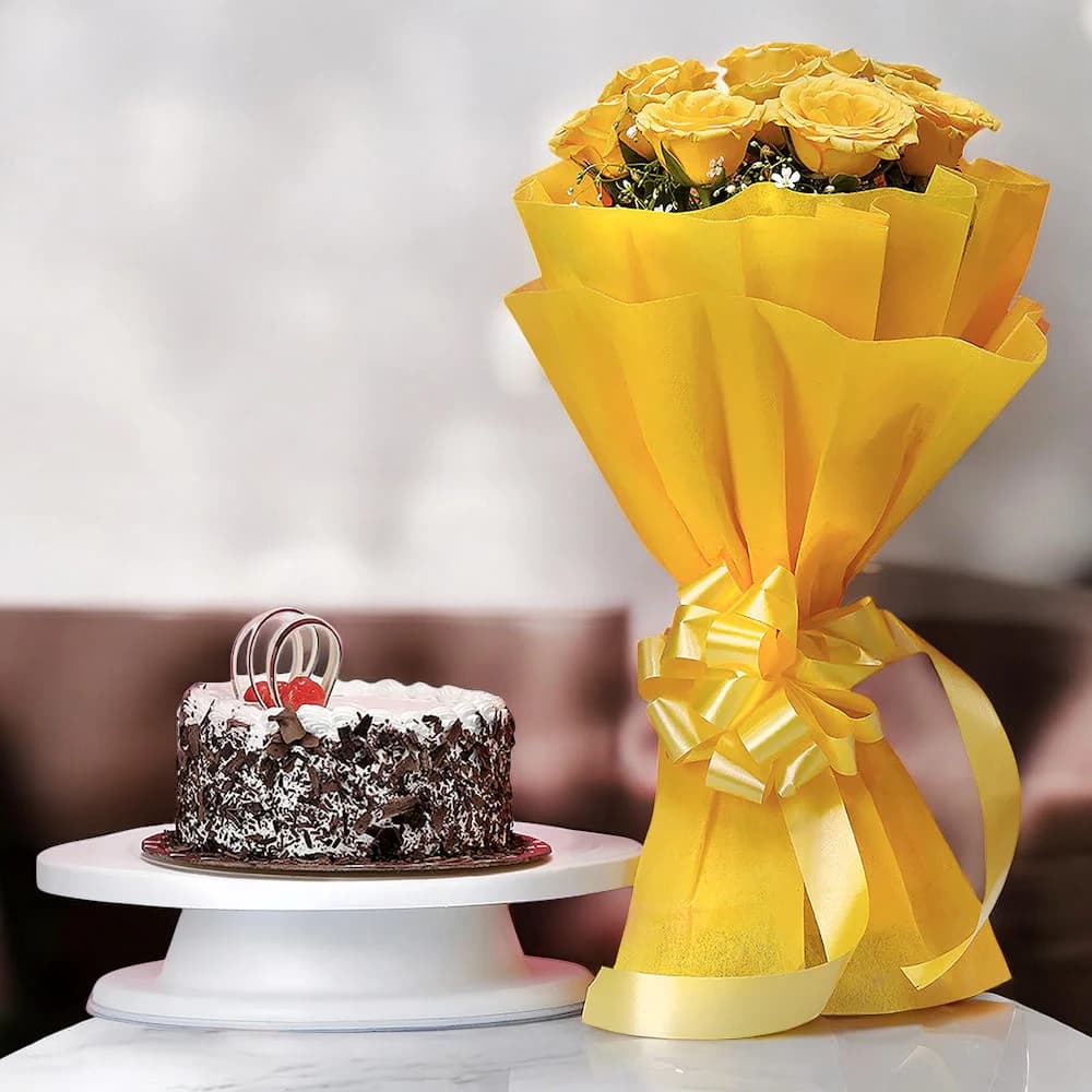Black Forest Cake with Yellow Roses view 2