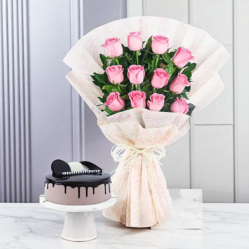 Sweet Memories Pink Roses Bouquet & Chocolate Cake