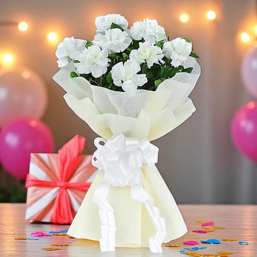 8 White Carnations Flower Bouquet
