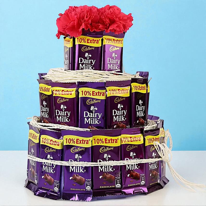 Dairy Milk & Carnations- 3 Tier Arrangement view 1