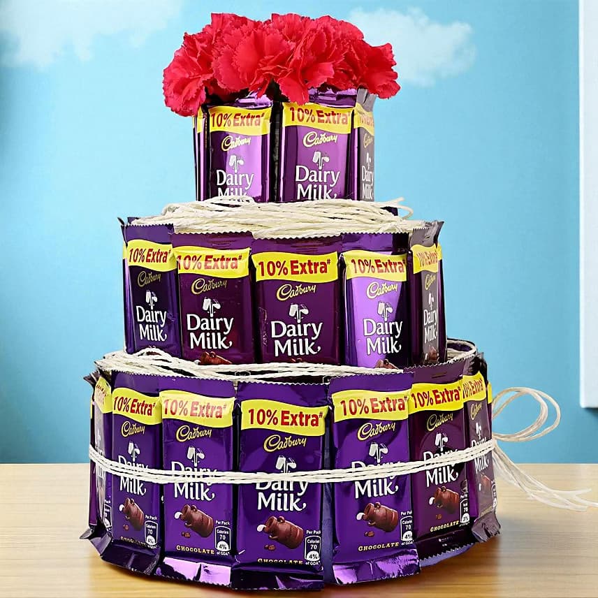 Dairy Milk & Carnations- 3 Tier Arrangement view 2