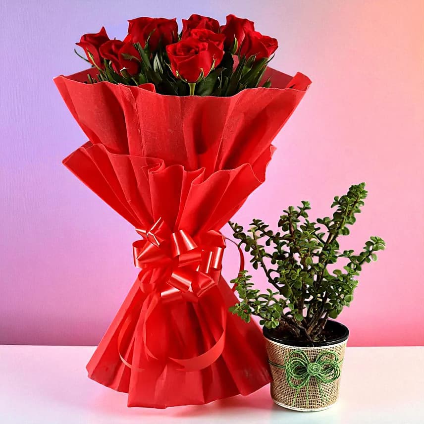 Jade Plant & Red Rose Bouquet