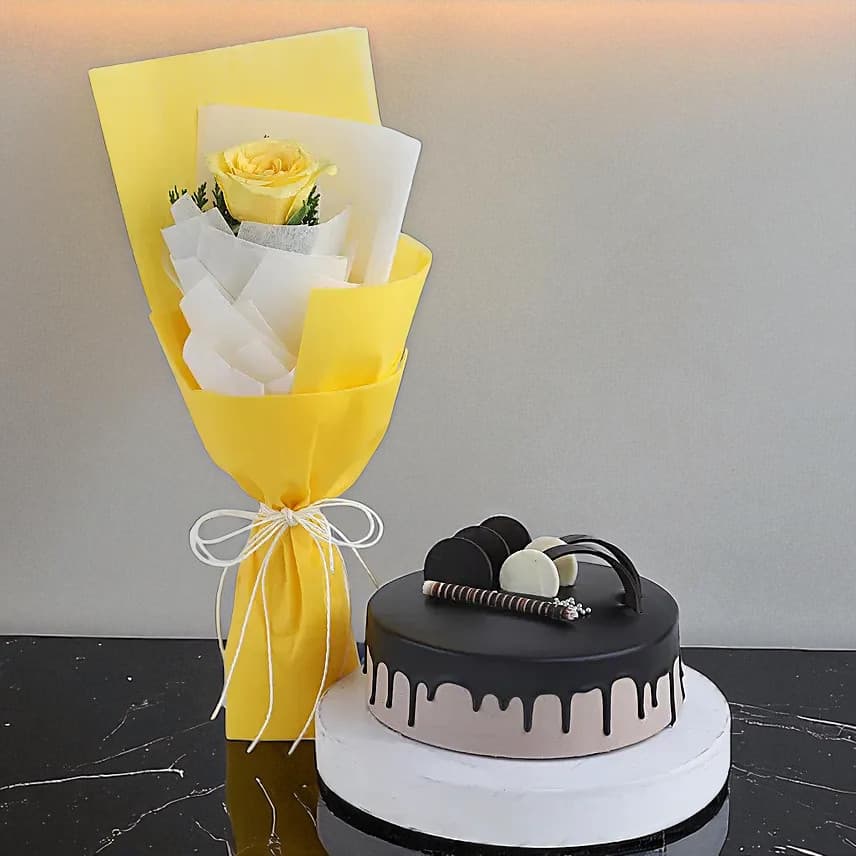 Bright Yellow Rose Bouquet & Chocolate Cake
