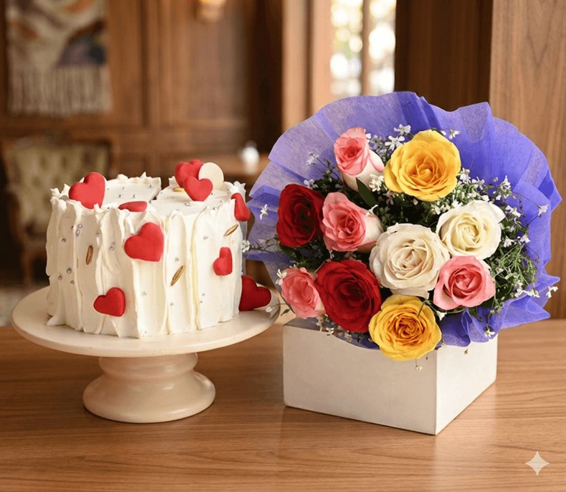 Enchanting Red Velvet Cake N Mixed Roses Combo