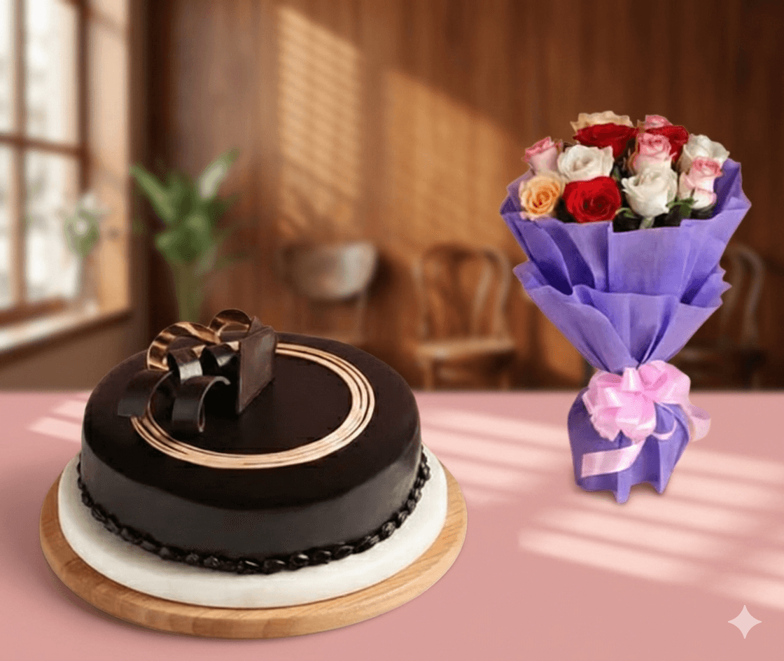 Classic Truffle Cake With Mixed Roses